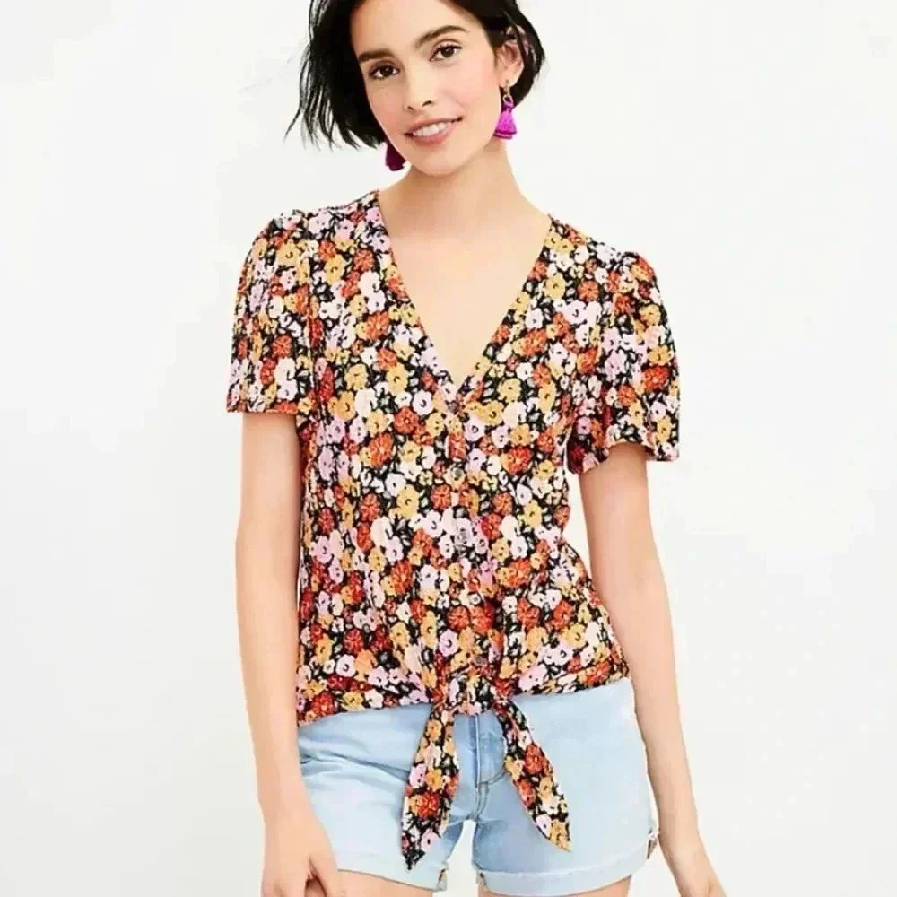 LOFT Floral Textured Button Tie Front Top